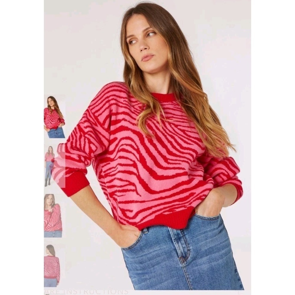 Apricot Pink And Red Zebra Print Cropped Oversized Soft Sweater Size 8